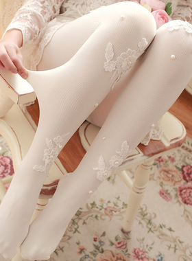 原创lolita竖条纹蕾丝珍珠花嫁手作连裤袜白色黑色CLA洛丽塔袜子