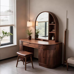 中古风实木梳妆台高端黑胡桃木带镜储物柜拱形设计师款化妆桌主卧