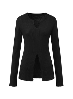【CC家居控】黑色V领开叉针织衫气质长袖设计感防晒上衣 87330001