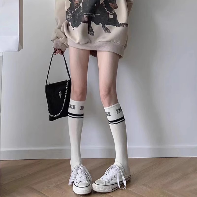 小腿袜女夏季薄款字母条纹长筒袜ins潮网红款百搭显瘦春秋及膝袜