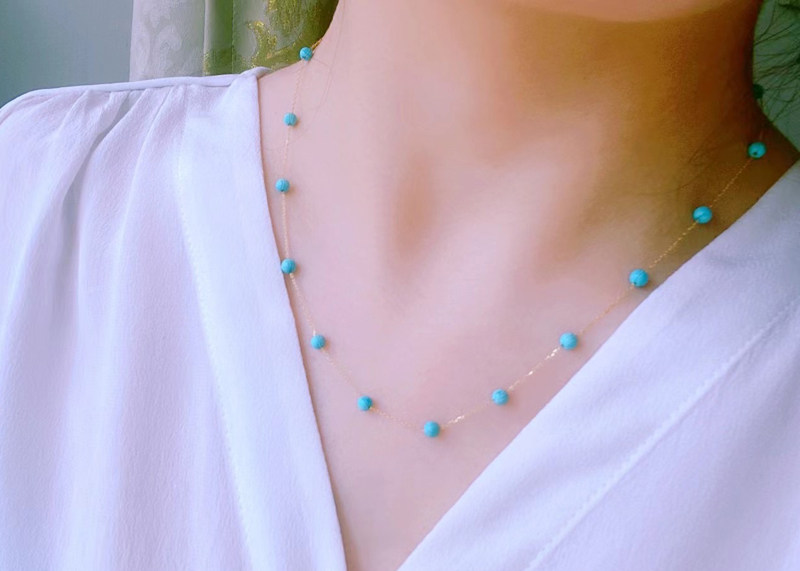 오리지널 디자인 보석 천연 청록색 연꽃 비즈 안개꽃 목걸이 여성 18K 골드 수제 체인