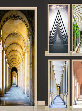 简约现代房间客厅包门贴纸建筑复古红色艺术教堂整张自粘PVC防水