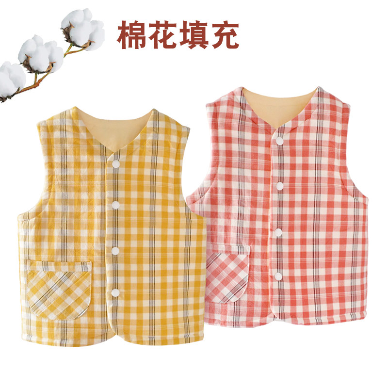 格子纯棉秋冬季棉花填充马甲背心