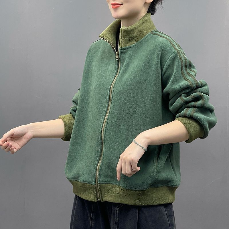 2025秋冬新款加绒加厚双面奥粒绒开衫外套女宽松保暖立领拼色卫衣