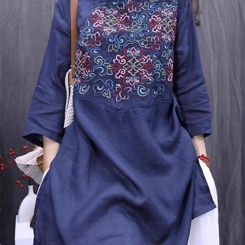 春秋夏复古显瘦重工刺绣文艺百搭棉麻上衣包边宽松洋气中长款衬衫