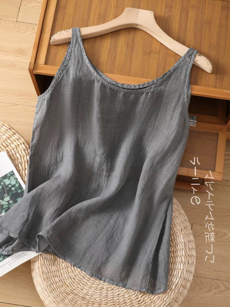 简约白色棉麻吊带背心女夏外穿宽松透气坎肩内搭苎麻亚麻无袖上衣