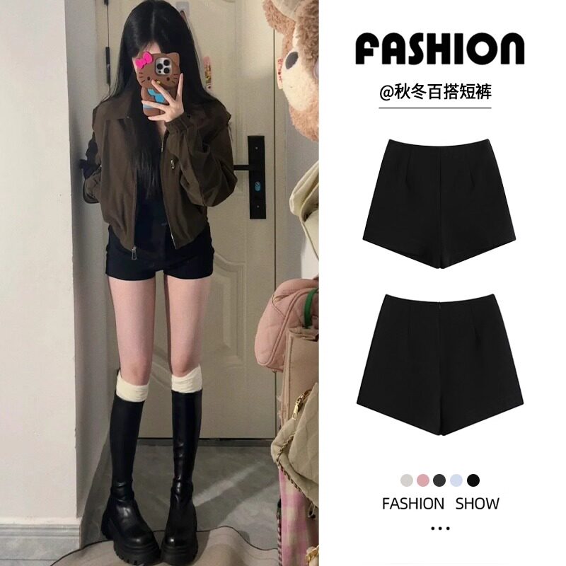 加绒短裤女春秋冬2025新款高腰显瘦热裤防走光外穿紧身打底裤黑色