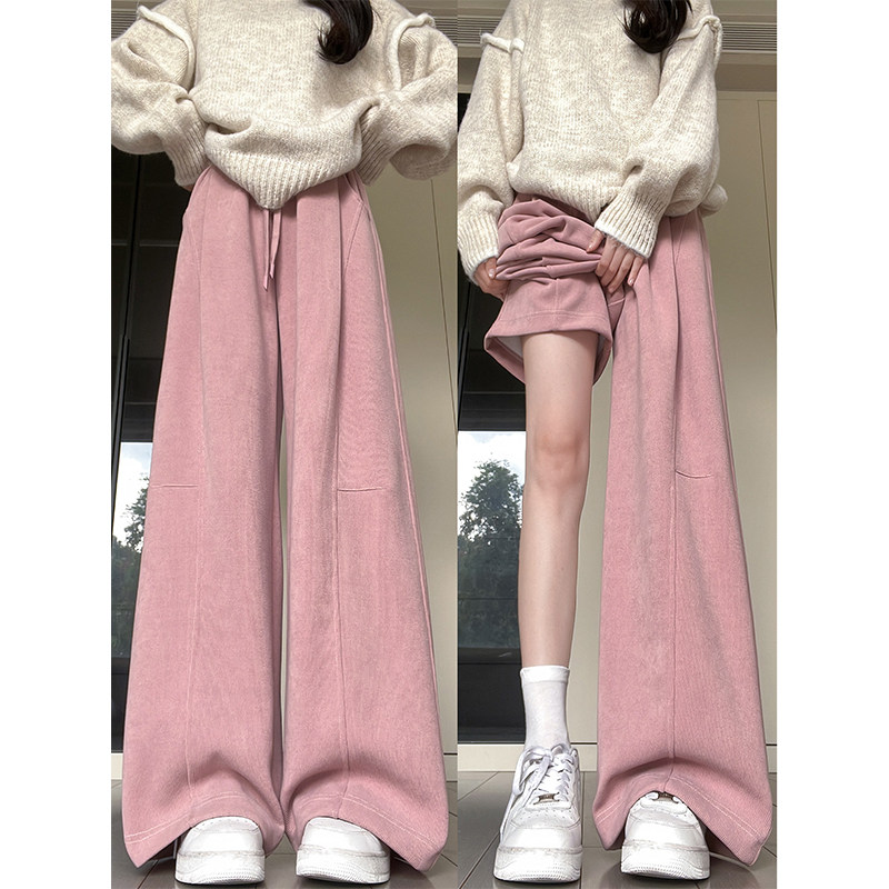 春秋冬2026新款粉色灯芯绒宽松加绒运动卫裤高腰显瘦女弯刀阔腿裤,女装/女士精品,休闲裤,淘宝优惠券,粉丝福利购,淘宝优惠卷