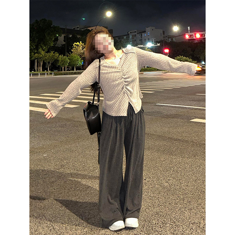 深灰色糯米裤春秋季大码胖mm宽松显瘦裤子女款休闲裤慵懒风阔腿裤