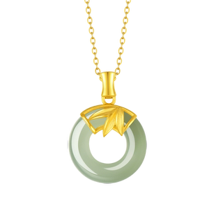 周大生黄金镶玉项链女款和田白玉平安扣吊坠竹节新年礼物送女朋友