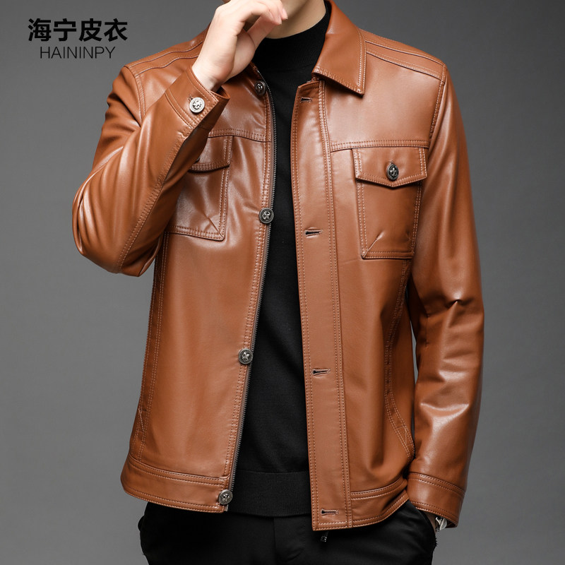 海宁皮夹克机车真皮皮衣男翻领短款绵羊皮修身韩版帅气休闲外套潮