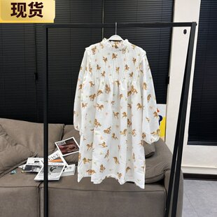 【现货】MONA连衣裙新款夏印花长袖复古裙山本过膝超仙甜美长款裙
