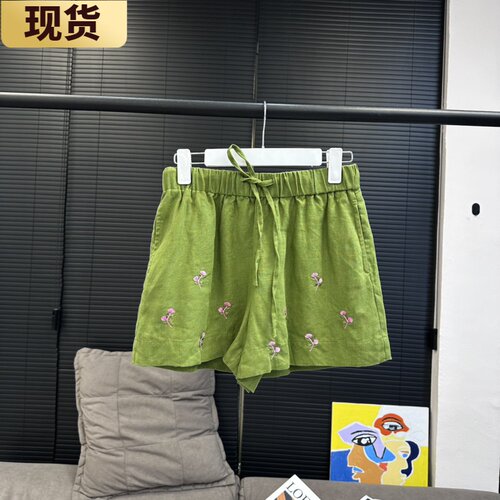 亚麻刺绣短裤高腰显瘦