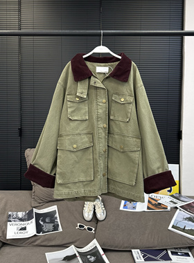 【9.26新品】紫色灯芯绒翻领大口袋做旧水洗工装外套夹克TW242049
