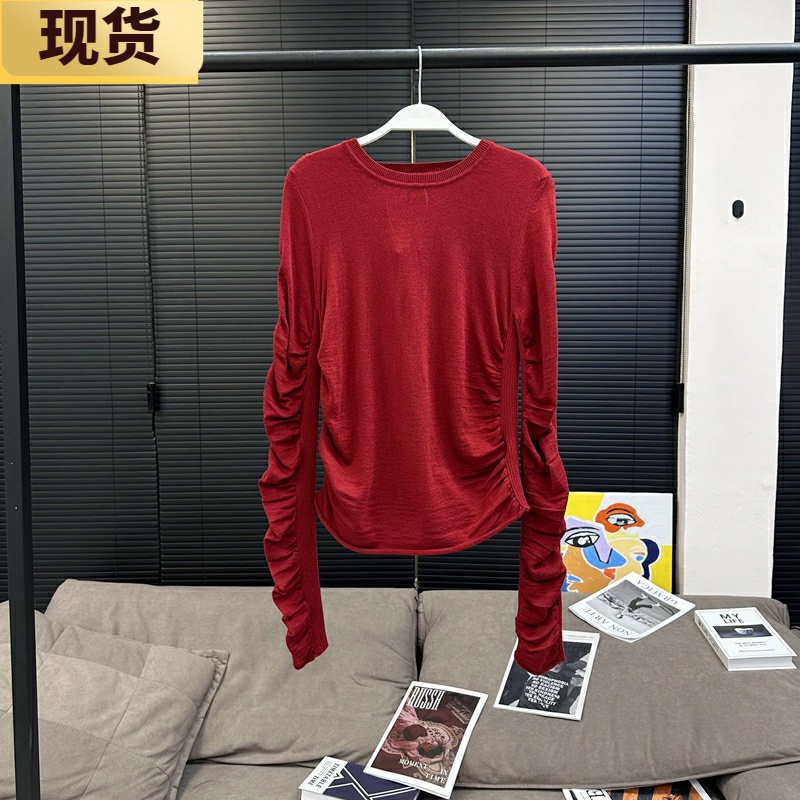 勃艮玫瑰两色打褶针织显瘦打底衫