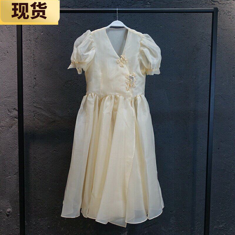 现货/美【白桃清酒】复古轻奢风泡泡袖公主欧根纱连衣裙