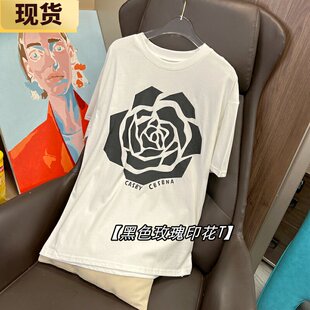 【现货】MONA黑色玫瑰印花夏季宽松百搭T恤女
