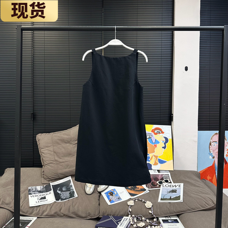 现货MS风松露小黑裙 棉麻轻礼服吊带无袖连衣裙上衣