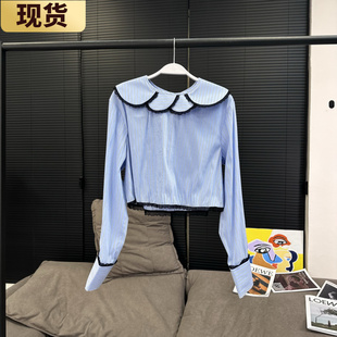 【现货】章章/智性南法 miu系复古娃娃乖张花瓣领蕾丝条纹衬衣