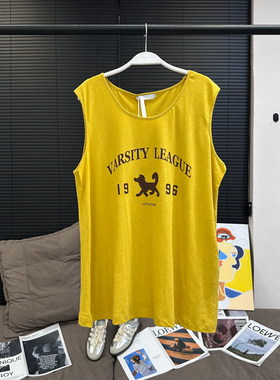 章章  21S芨品亚麻棉boyish感芥黄色印花背心