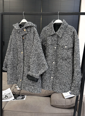 axb巴黎旧刊杂色羊毛黑色厚外套女宽松显瘦衬衫领连帽上衣