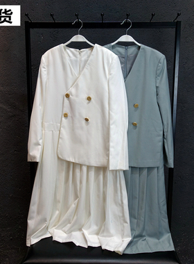 【现货】MONA气质感灰蓝色黑白色西装连衣裙 褶皱裙子新款秋冬季