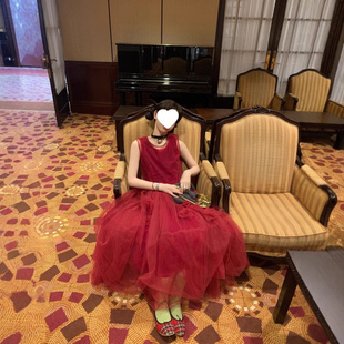 【】美 Ancora红花朵繁复多层次网纱丝绒背心连衣裙半裙