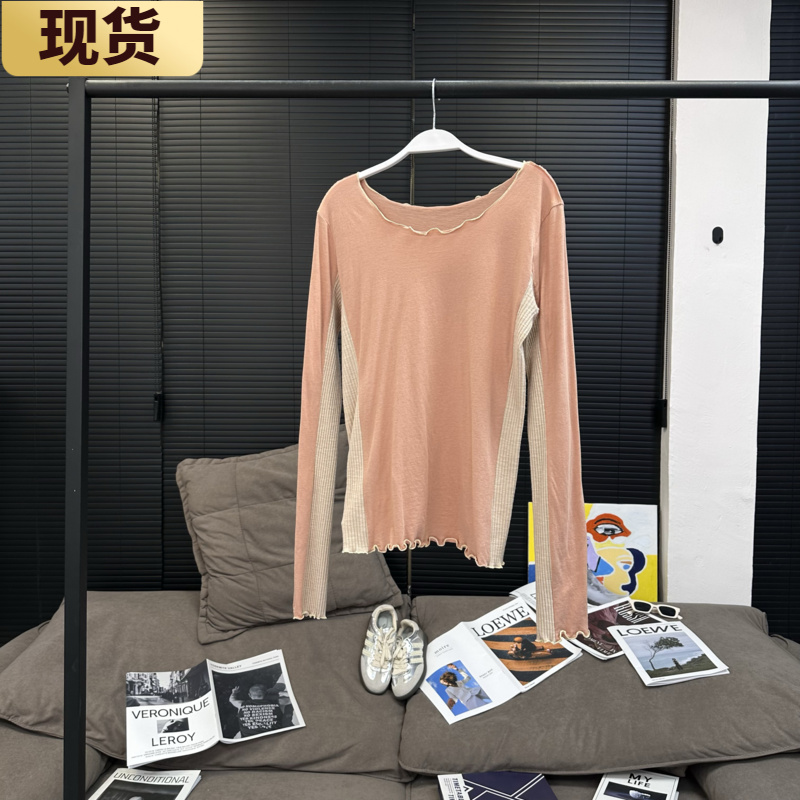 现货MS芭乐撞奶昔拼色罗纹花边打底衫女秋冬修身针织上衣女