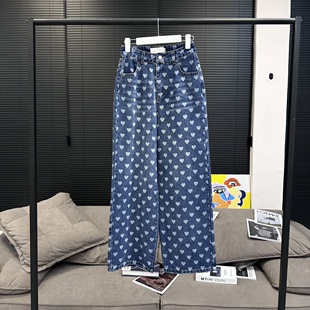 axb 匿名颂诗 满印爱心牛仔裤长裤宽松百搭时尚休闲直筒裤女
