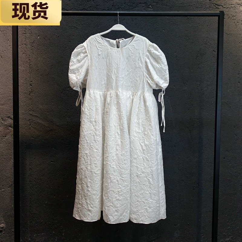 【现货】VC棉纱折纸小白裙女夏季新款短袖连衣裙泡泡袖裙子