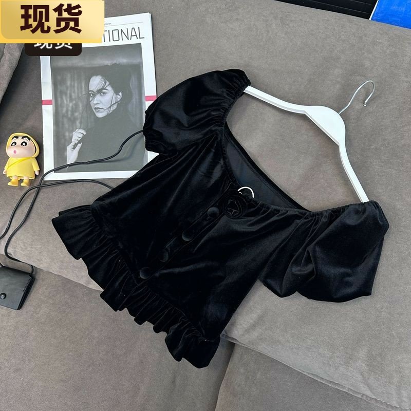 法式rose丝绒上衣女春季设计感图片