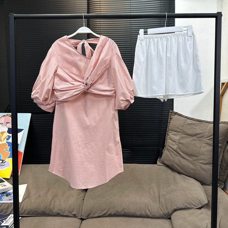【现货】VC 纯色连衣裙女夏韩版气质宽松显瘦灯笼袖复古裙子