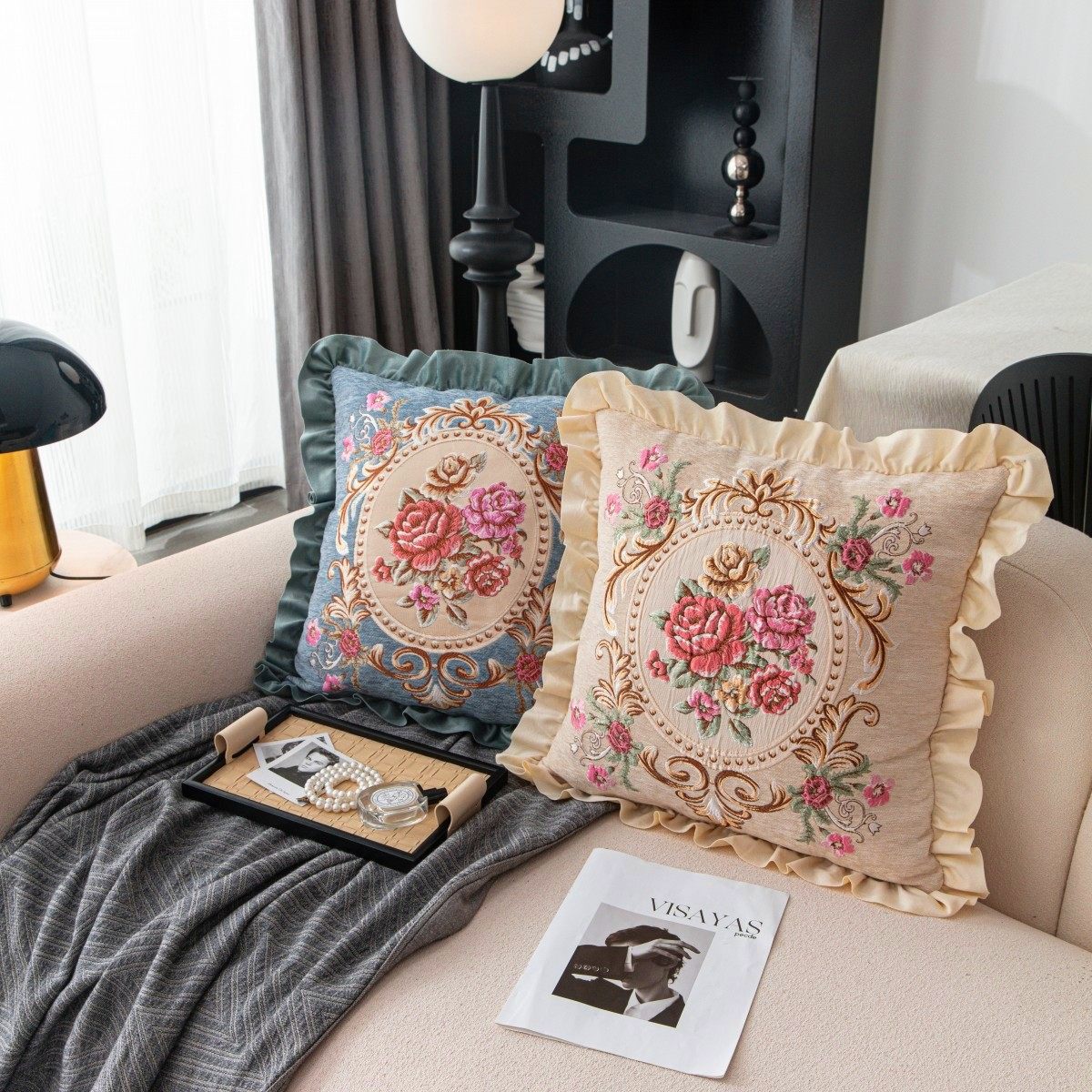 法式浪漫花边立体提花抱枕套客厅沙发靠垫床头靠背垫车载靠枕腰靠
