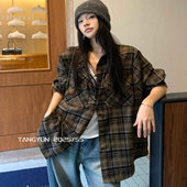 TANG美式 衬衣外套潮 宽松磨毛百搭长袖 复古格子衬衫 女2025秋冬新款