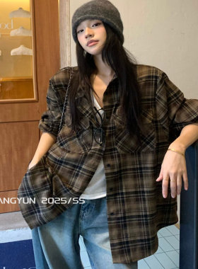 TANG美式复古格子衬衫女2026春秋新款宽松磨毛百搭长袖衬衣外套潮