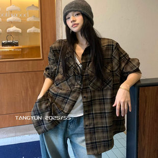 宽松磨毛百搭长袖 女2025秋冬新款 衬衣外套潮 复古格子衬衫 TANG美式