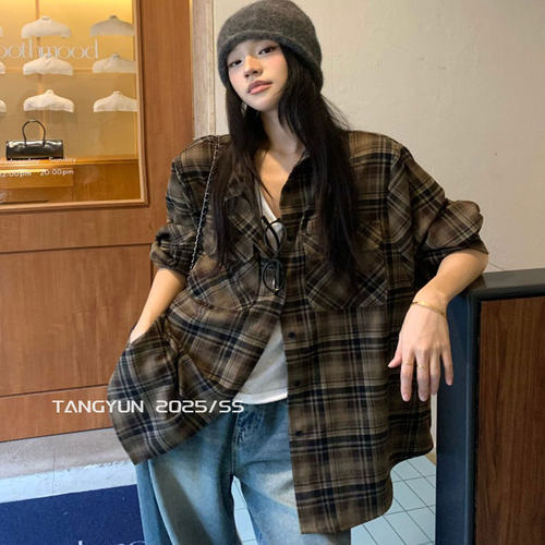 TANG美式复古慵懒风格子磨毛衬衫