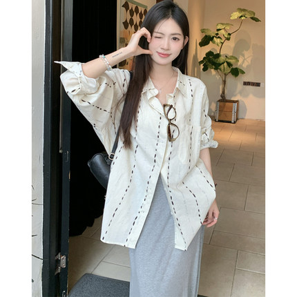 TANG韩版白色条纹长袖衬衫女2025夏季新款宽松休闲百搭防晒衬衣潮