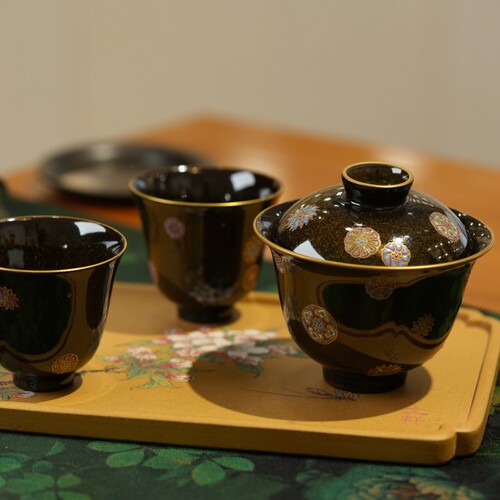 宜兴紫砂 女士茶器抹茶釉紫砂胎盖碗黑金皮球花180cc茶具茶碗家用