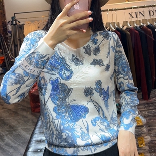 古嘉子2025春季新款女装印花烫钻长袖针织衫天丝羊毛衫薄上衣9706