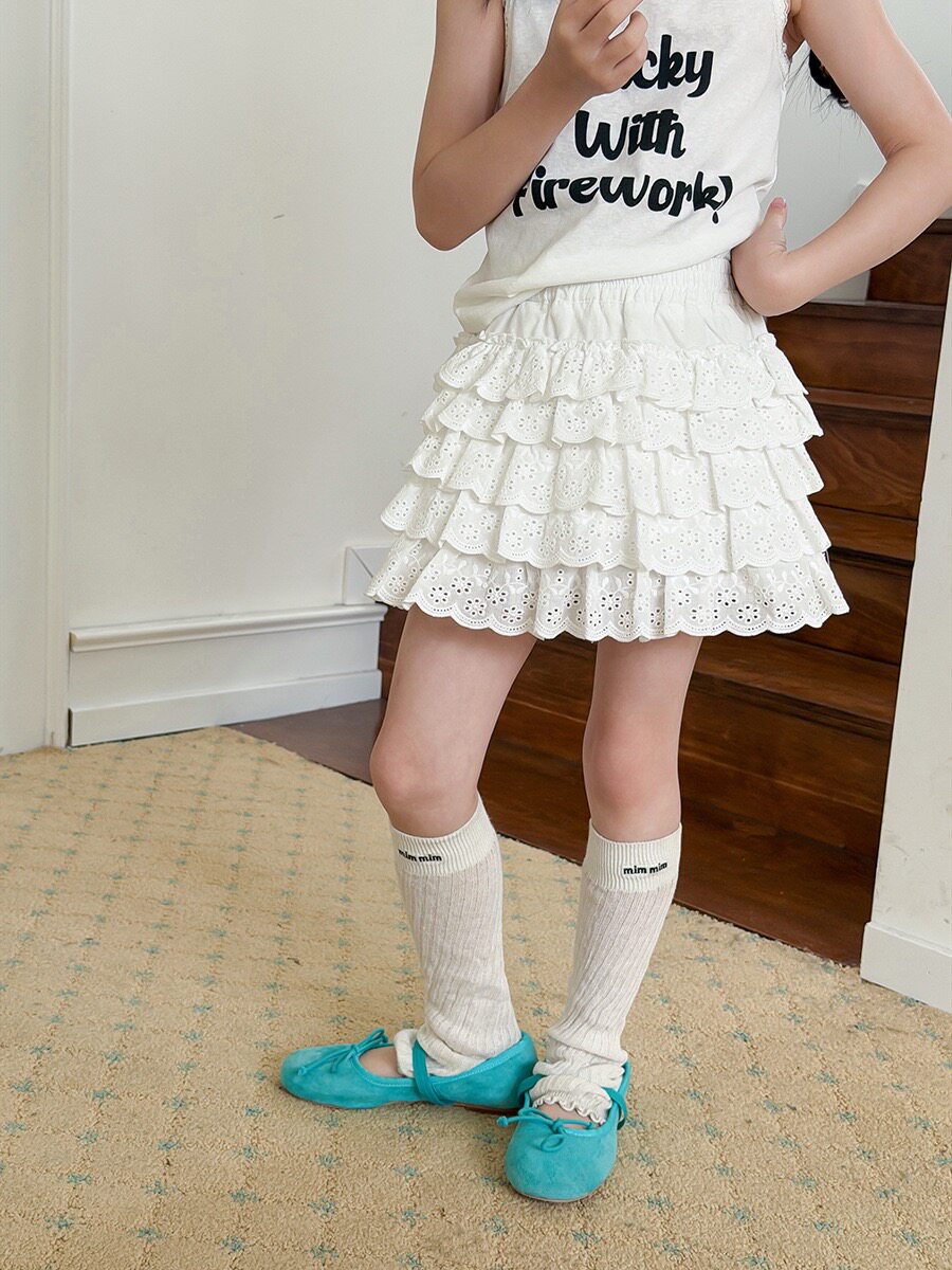 女童甜美蕾丝花边仙气裙子夏装公主白色半身裙少女蛋糕短裙篷篷裙