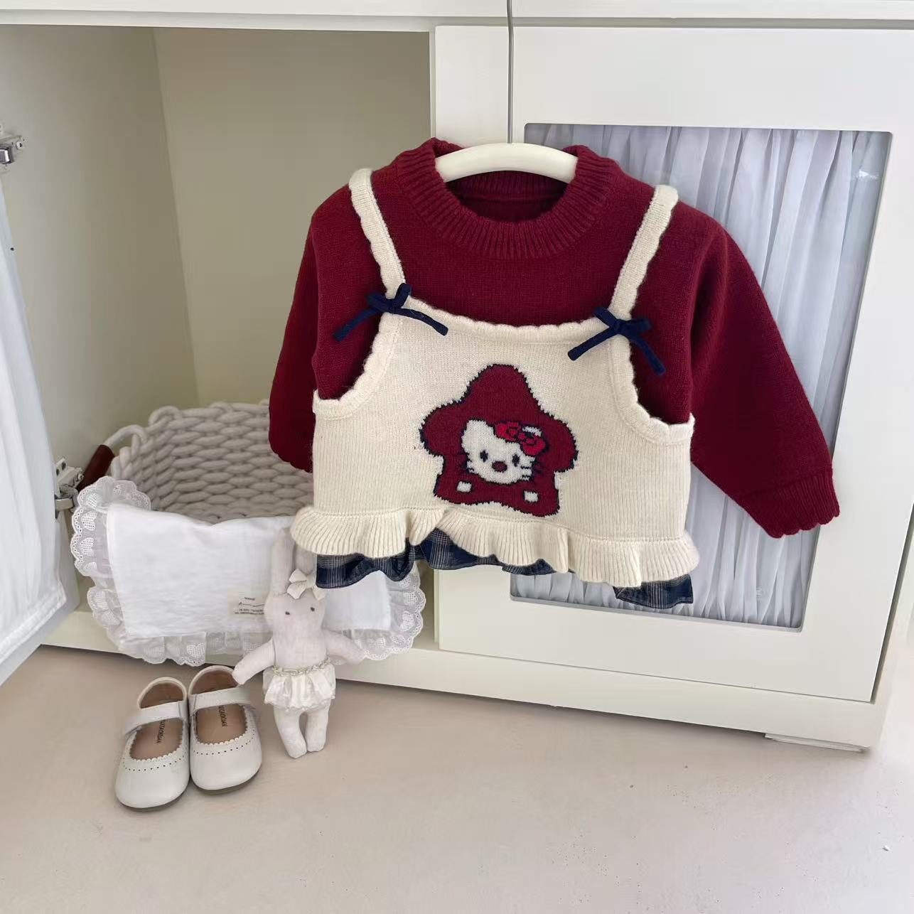 女童KT猫毛衣秋冬新款小女孩假两件针织衫宝宝加厚打底衫内搭上衣