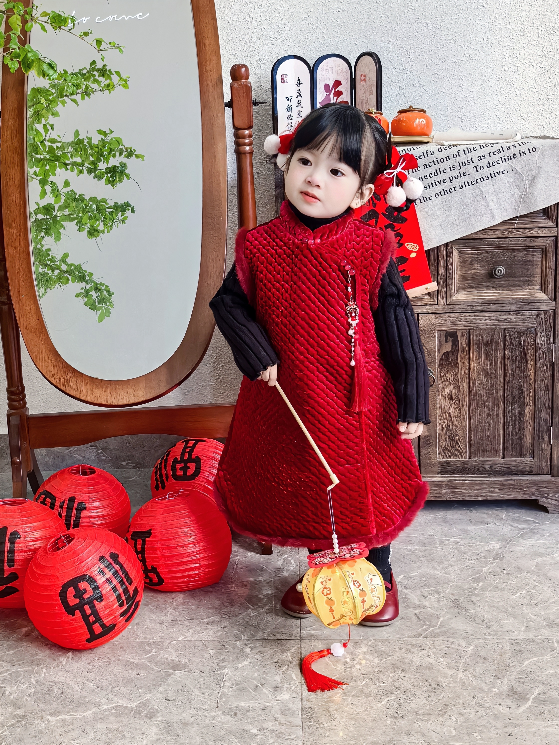 女童喜庆拜年服夹棉红色旗袍小女孩洋气改良国风背心裙生日汉服裙