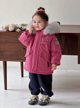 女童韩系派克服棉衣外套冬装年服儿童姐弟装加绒加厚洋气毛领棉袄