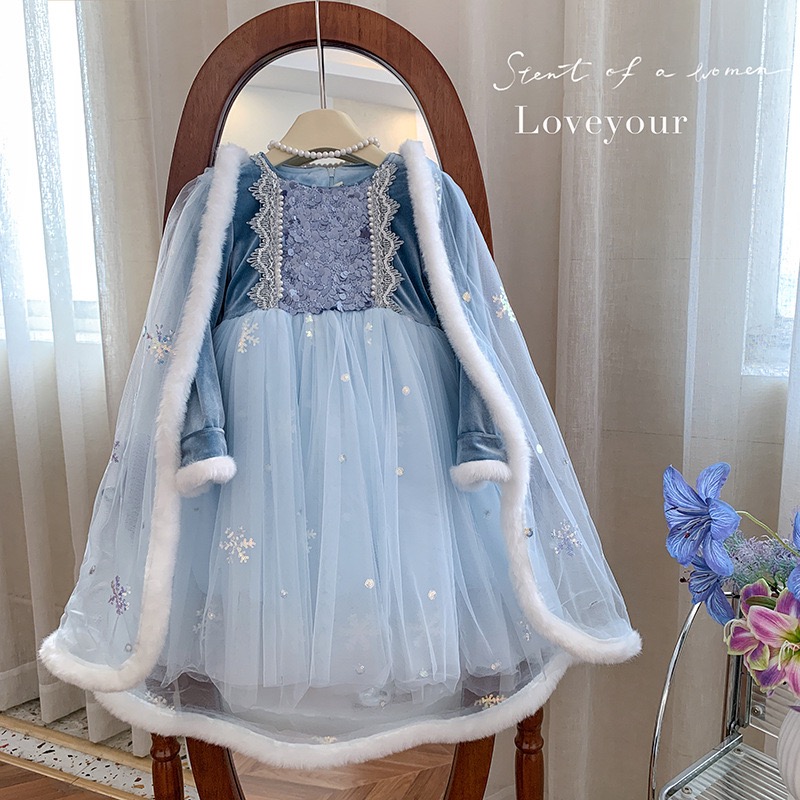 小女孩加绒艾莎公主裙冬装冰雪奇缘连衣裙披风节庆生日礼服拜年服