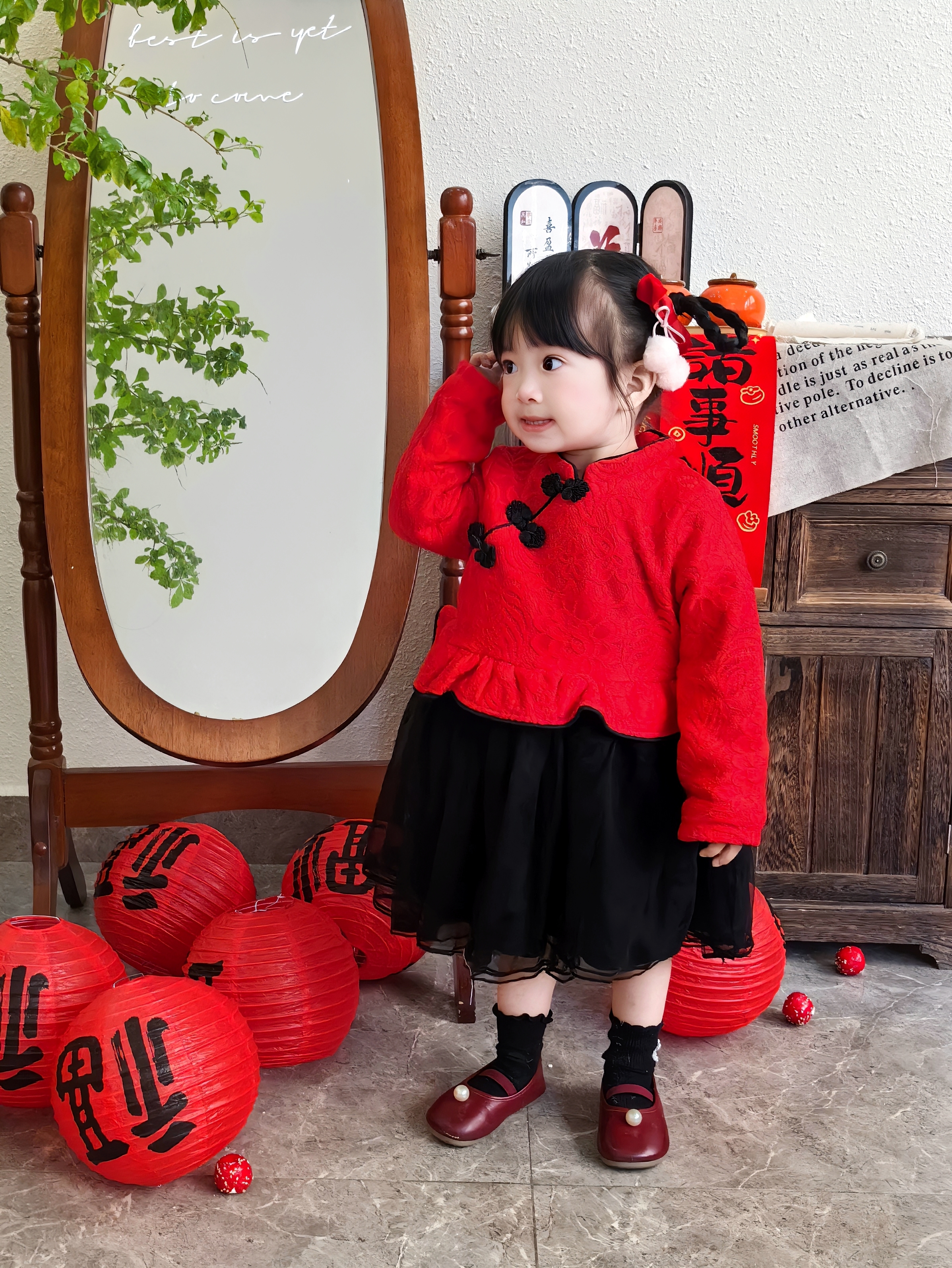 女童国风旗袍加绒连衣裙新年衣服女宝宝周岁礼服洋气红色蓬蓬纱裙