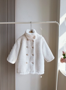 女童洋气双排扣白色毛毛衣外套小女孩时髦仿皮草中长款大衣拜年服