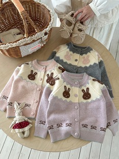 女童插肩袖兔子提花毛衣秋冬韩版洋气小女孩子卡通开衫外套上衣潮