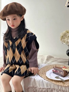 儿童法式格子马甲短裤套装春秋男女童菱格毛衣马夹洋气针织两件套