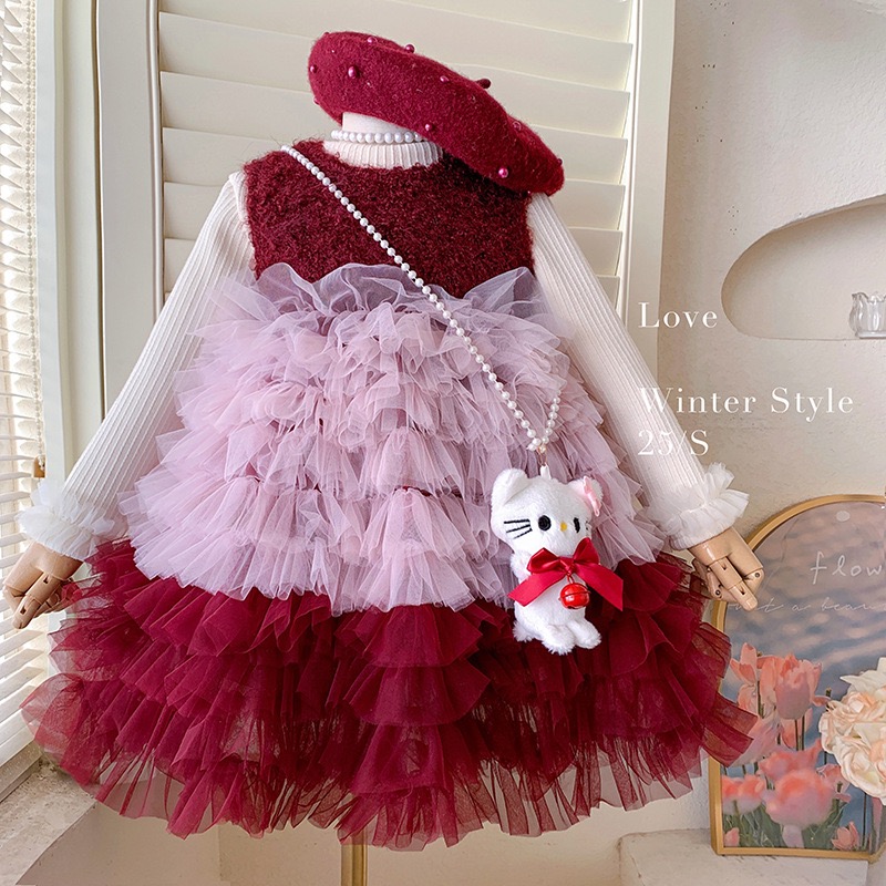 女童加绒红色洋气蓬蓬公主裙套装拜年服女孩圣诞生日节庆礼服纱裙